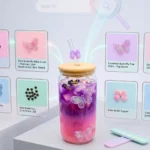 ⁦مج زجاجي بغطاء خشب وشفاط زجاجي بتصميم فراشات وردية – سعة 600 مل⁩ - الصورة ⁦5⁩