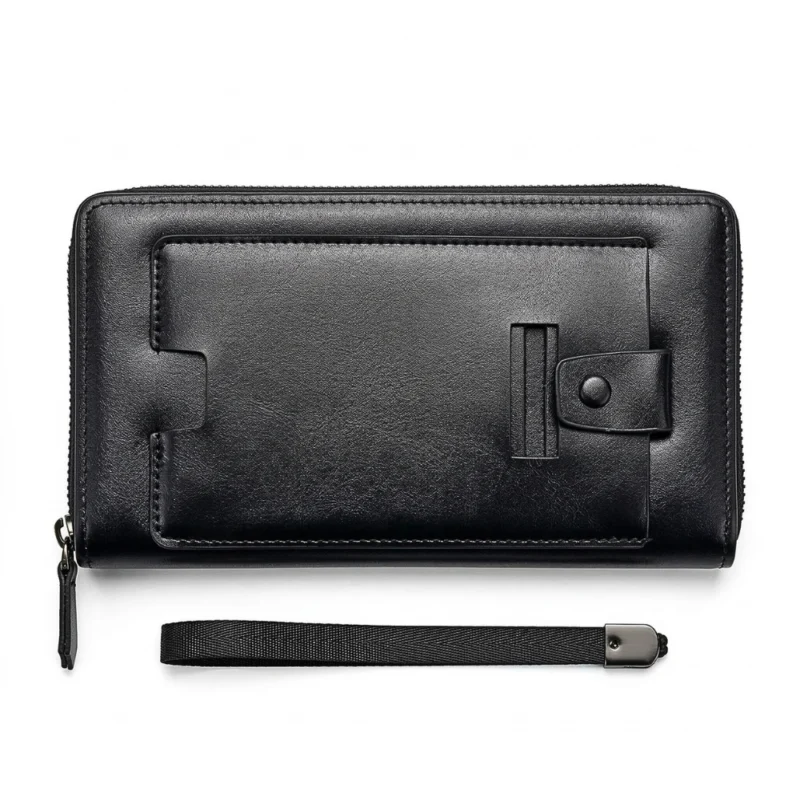 محفظة يد رجالي جلد اسود Zuolidaishu بسحاب وسوار يد – محفظة طويلة متعددة الجيوب مقاس 22×12 سم