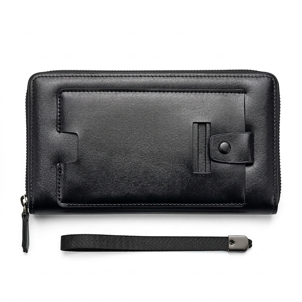 Untitled design (16) محفظة يد رجالي جلد اسود Zuolidaishu بسحاب وسوار يد – محفظة طويلة متعددة الجيوب مقاس 22×12 سم