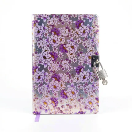 نوت بوك تصميم زهور بنفسجي أنيق مقاس 19×12.5 سم بقفل معدني