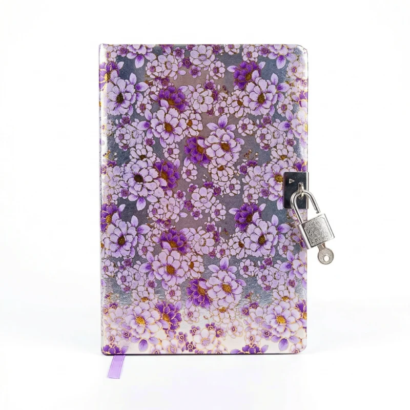 نوت بوك تصميم زهور بنفسجي أنيق مقاس 19×12.5 سم بقفل معدني