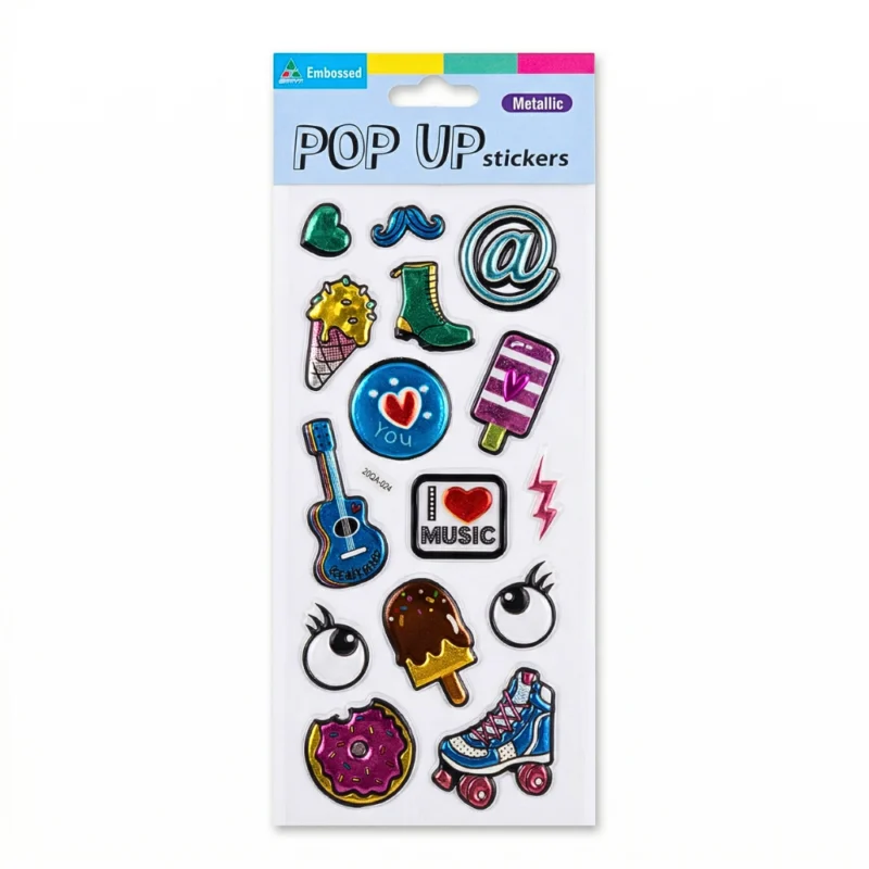 استيكرز ثلاثية الأبعاد Metallic POP UP عدد 15 قطعة – ملصقات لاصقة كيوت للأطفال والدفاتر – تصميم لامع عالي الجودة