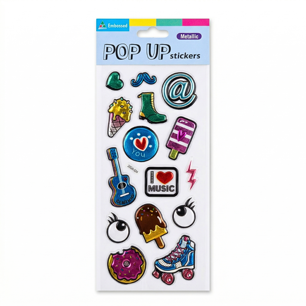 Untitled design (17) استيكرز ثلاثية الأبعاد Metallic POP UP عدد 15 قطعة – ملصقات لاصقة كيوت للأطفال والدفاتر – تصميم لامع عالي الجودة