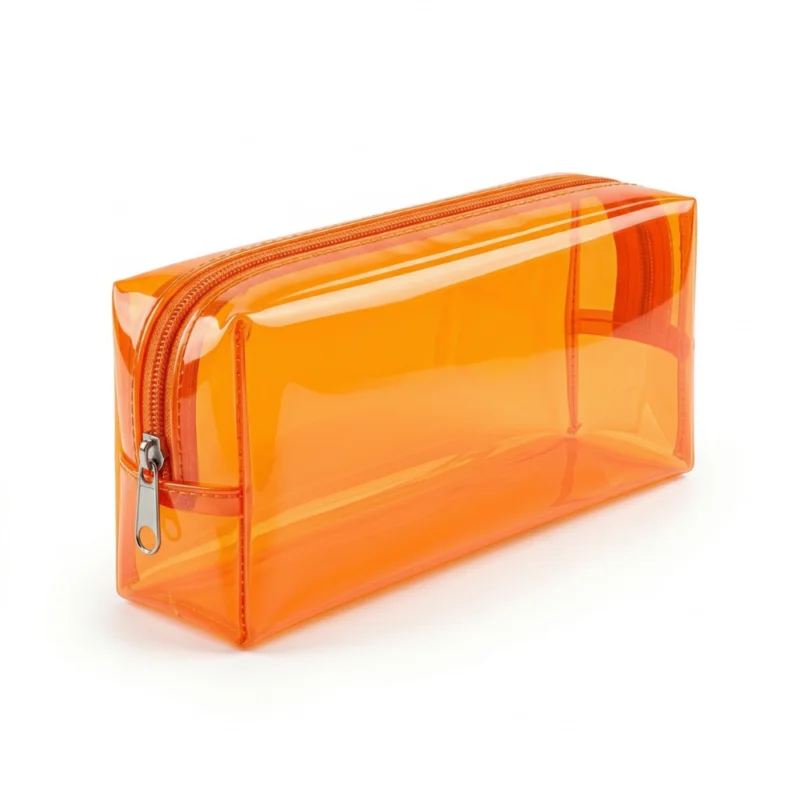 مقلمة شفافة برتقالى بلاستيك مقاومة للماء – شنطة أقلام عملية بسحاب (20×8×3 سم)