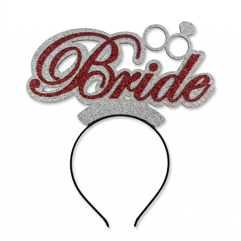 Untitled design (17) هيد باند Bride أحمر وفضي جليتر 1 قطعة – طوق عروسة أنيق لحفلات الخطوبة وتوديع العزوبية