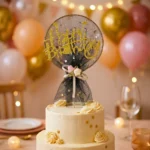 زينة كيك Happy Birthday ذهبي بتصميم أسود أنيق 21 سم – توبر احترافي للحفلات - الصورة 3