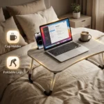 ⁦ترابيزة لاب توب محمولة لون رمادي خشبي 60×39 سم بفتحة موبايل وحامل كوب⁩ - الصورة ⁦4⁩