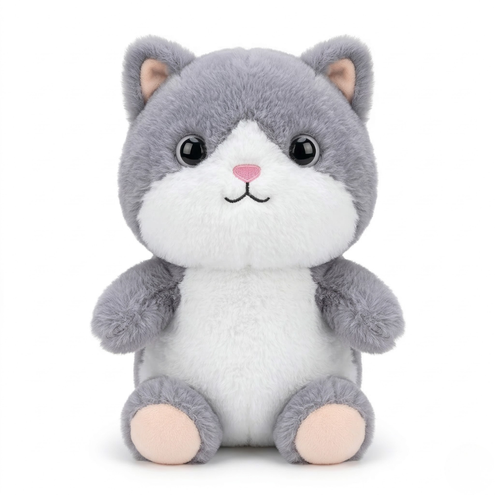 Untitled design (20) دمية قطة قطيفة كيوت رمادية للأطفال – Plush Cat Toy ناعمة بحجم 26×16 سم للهدايا والديكور