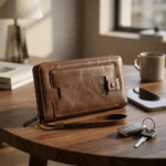 ⁦محفظة يد جلد بني رجالي – حجم 22×12 سم – تصميم أنيق بسحاب وحزام يد⁩ - الصورة ⁦6⁩