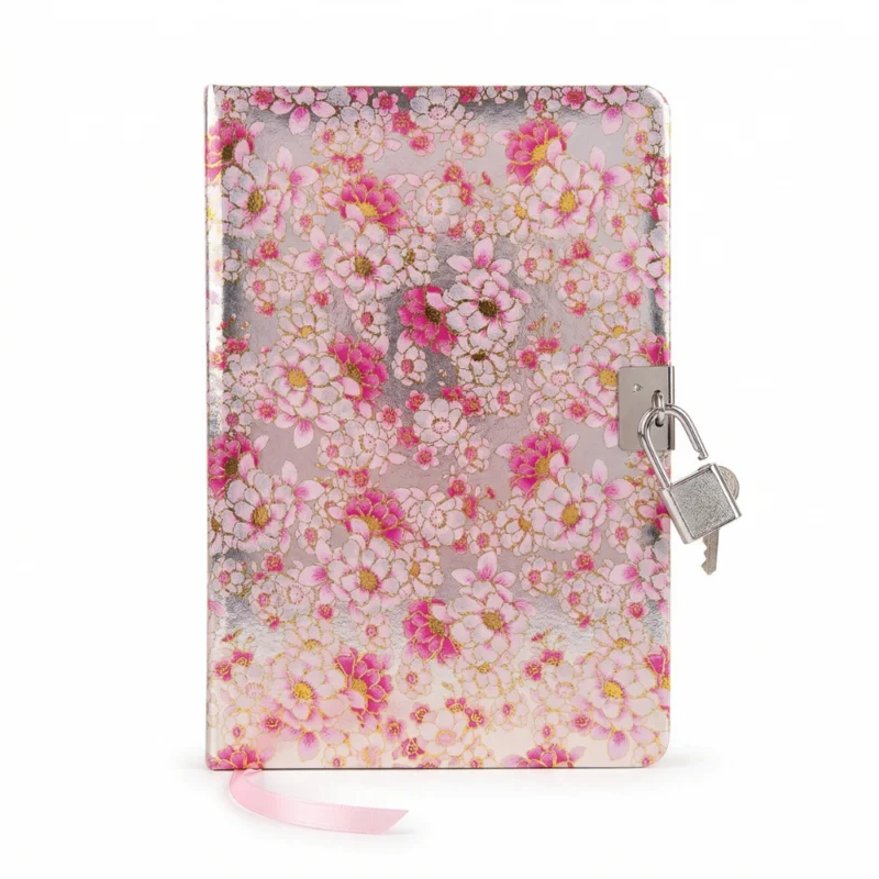 نوت بوك هارد كوفر تصميم زهور وردي أنيق مقاس 19×12.5 سم بقفل ومفتاح