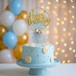 ⁦توبر كيك Happy Birthday ذهبي بطول 21 سم مع تول أزرق – زينة عيد ميلاد فخمة للكيك⁩ - الصورة ⁦3⁩