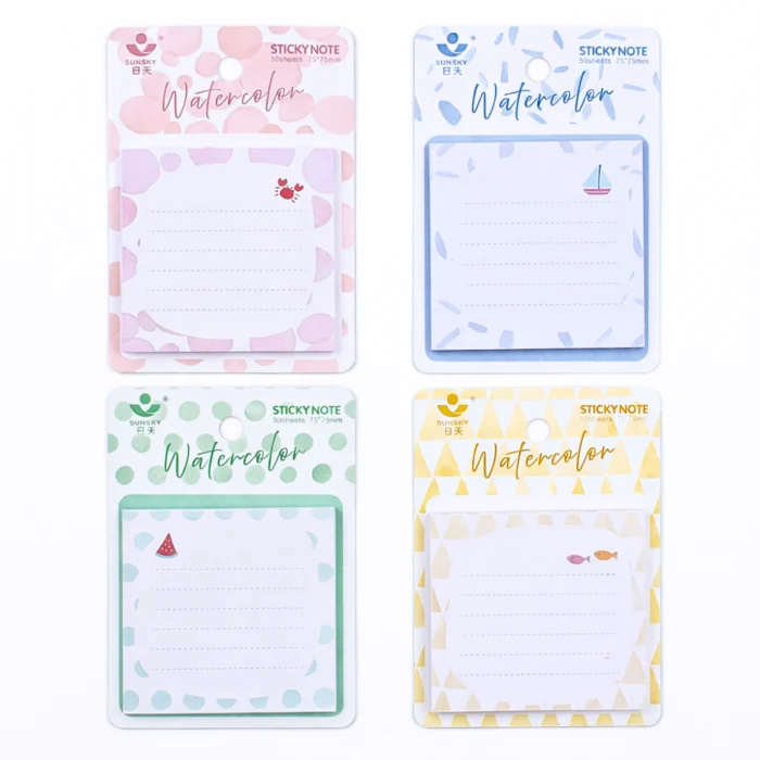 ملاحظات لاصقة مربعة 8×8 سم بتصميم Watercolor كيوت – 50 ورقة Sticky Notes للمذاكرة والتنظيم (4 أشكال متنوعة)