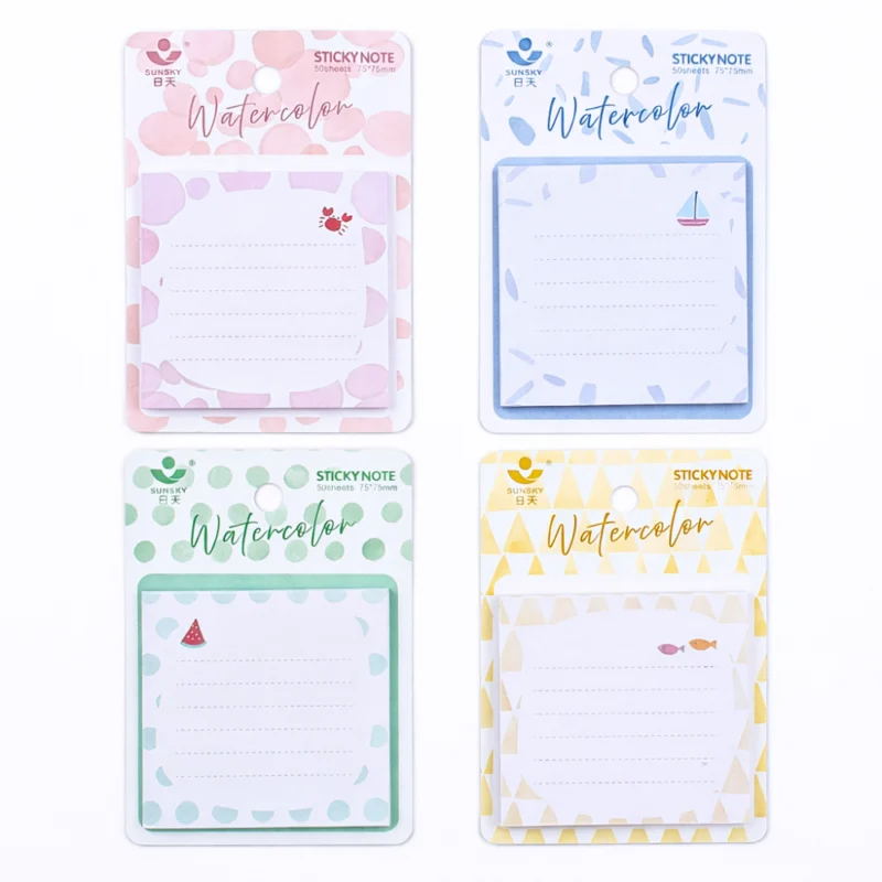 ملاحظات لاصقة مربعة 8×8 سم بتصميم Watercolor كيوت – 50 ورقة Sticky Notes للمذاكرة والتنظيم (4 أشكال متنوعة)