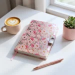 ⁦نوت بوك هارد كوفر تصميم زهور وردي أنيق مقاس 19×12.5 سم بقفل ومفتاح⁩ - الصورة ⁦3⁩