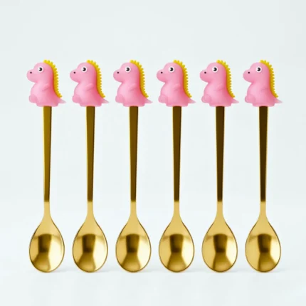 طقم ملاعق ديناصور للأطفال – 6 قطع ملاعق ذهبية بديكور ديناصور كيوت لتقديم الحلويات والمشروبات