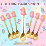طقم ملاعق ديناصور للأطفال – 6 قطع ملاعق ذهبية بديكور ديناصور كيوت لتقديم الحلويات والمشروبات - الصورة 3