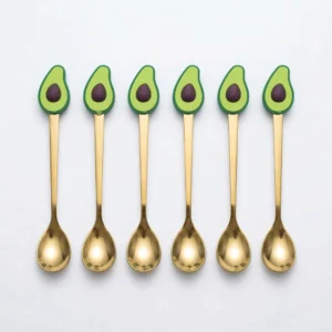 طقم ملاعق أفوكادو 6 قطع – ملاعق ذهبية بديكور Avocado كيوت لتقديم القهوة والحلويات