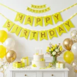 ⁦زينة عيد ميلاد Happy Birthday لون أصفر ليموني بكتابة ذهبية مقاس 200 × 18 سم⁩ - الصورة ⁦4⁩