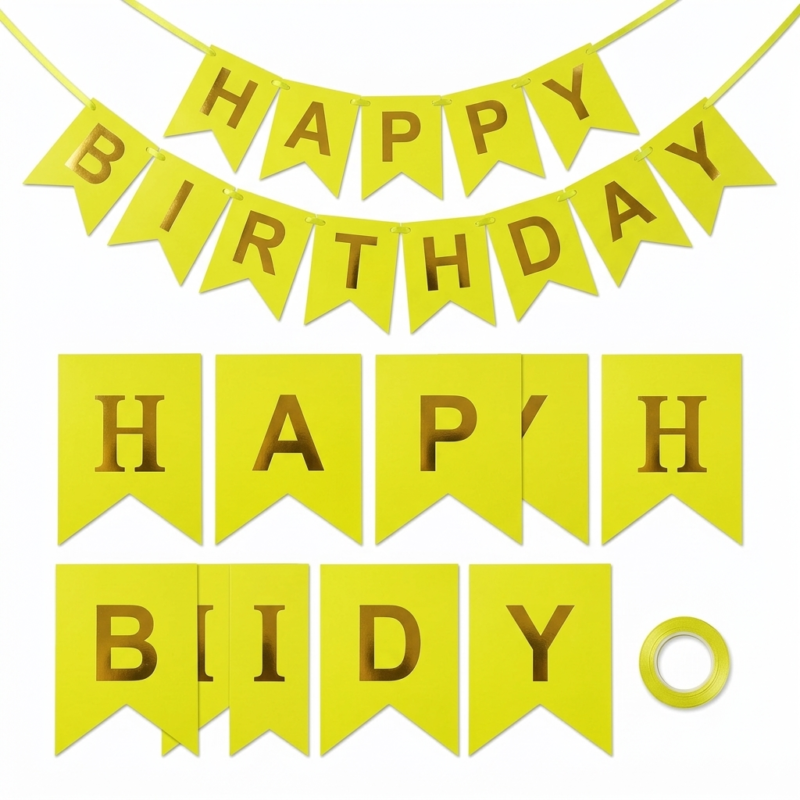 زينة عيد ميلاد Happy Birthday لون أصفر ليموني بكتابة ذهبية مقاس 200 × 18 سم