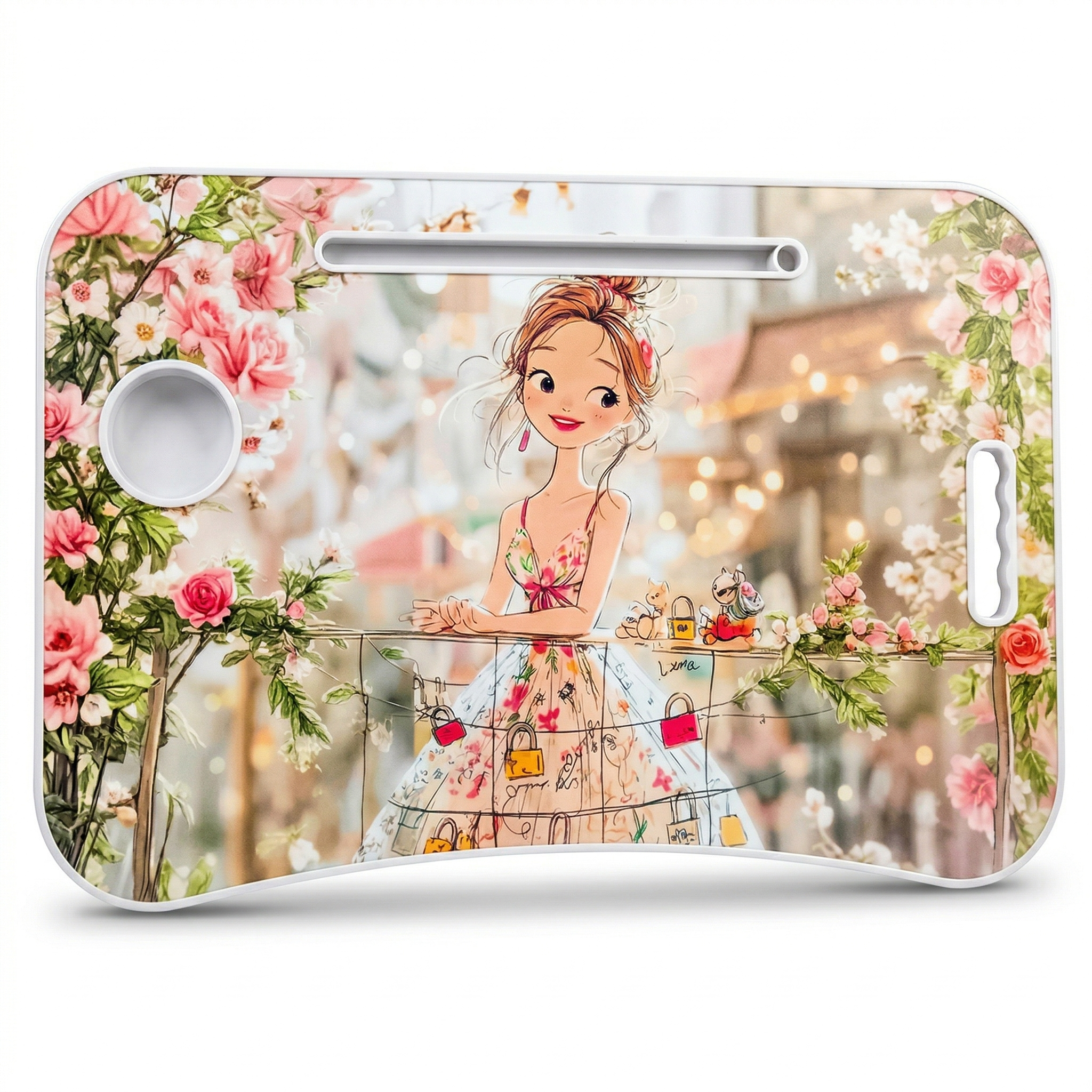 Gemini_Generated_Image_ntwu70ntwu70ntwu ترابيزة لابتوب 60×39 سم بتصميم بناتي أنيق مع حامل كوب وفتحة تابلت