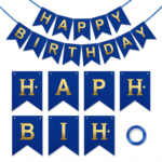 زينة عيد ميلاد Happy Birthday أزرق بحروف ذهبية مقاس 200 × 18 سم