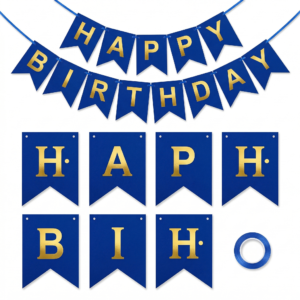 زينة عيد ميلاد Happy Birthday أزرق بحروف ذهبية مقاس 200 × 18 سم