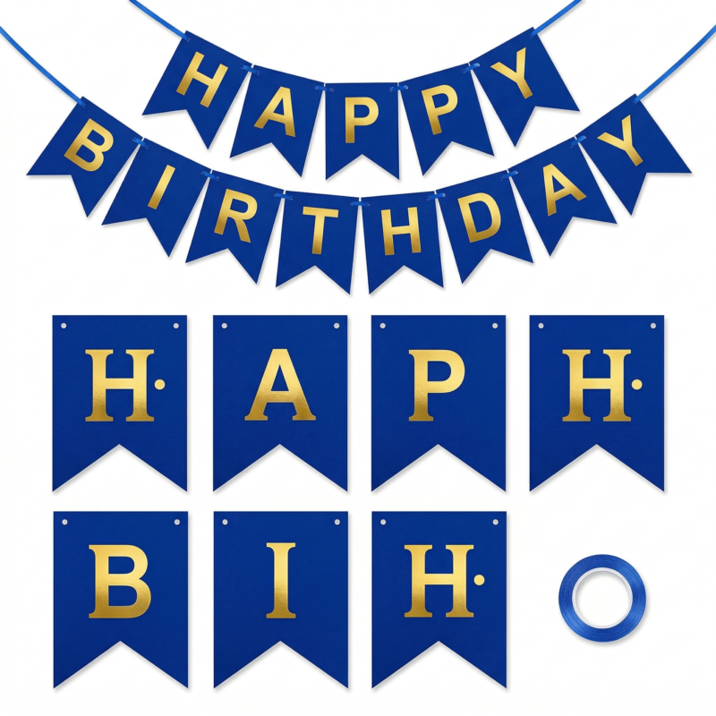 زينة عيد ميلاد Happy Birthday أزرق بحروف ذهبية مقاس 200 × 18 سم