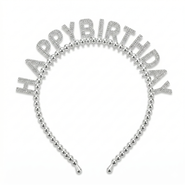 طوق شعر Happy Birthday فضي لامع 1 قطعة للحفلات وأعياد الميلاد