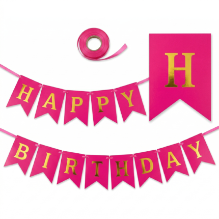 زينة عيد ميلاد Happy Birthday فوشيا بكتابة ذهبية – مقاس 200 × 18 سم