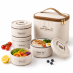 طقم لانش بوكس حراري 4 علب مع شنطة حفظ معزولة – Bento Box لحفظ الطعام الساخن والبارد – أغطية محكمة ضد التسريب