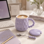 ⁦مج قهوة سيراميك 350 مل بغطاء وملعقة – تصميم عصري بمقبض خرز⁩ - الصورة ⁦5⁩