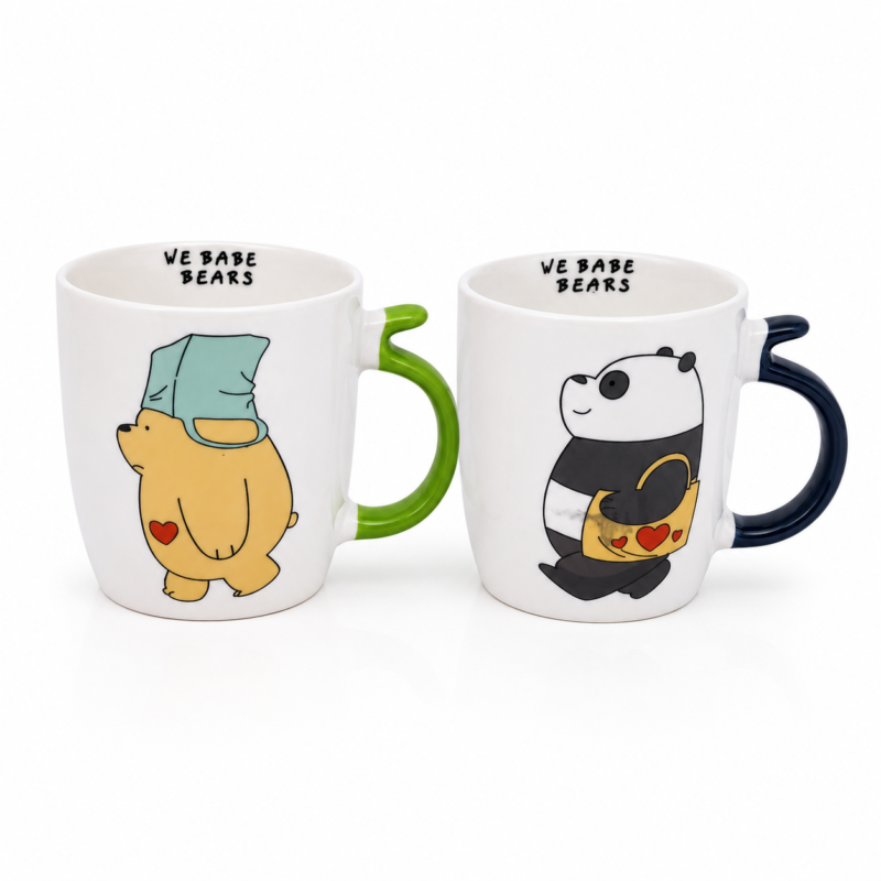 مج سيراميك We Bare Bears سعة 300 مل – كوب قهوة سيراميك برسومات كرتونية لطيفة ومقبض ملون للاستخدام اليومي ويباع بالقطعة