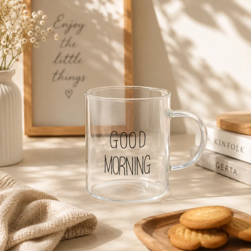 فنجان زجاج شفاف GOOD MORNING سعة 200 مل – فنجان قهوة وشاي أنيق للمشروبات الساخنة والباردة.