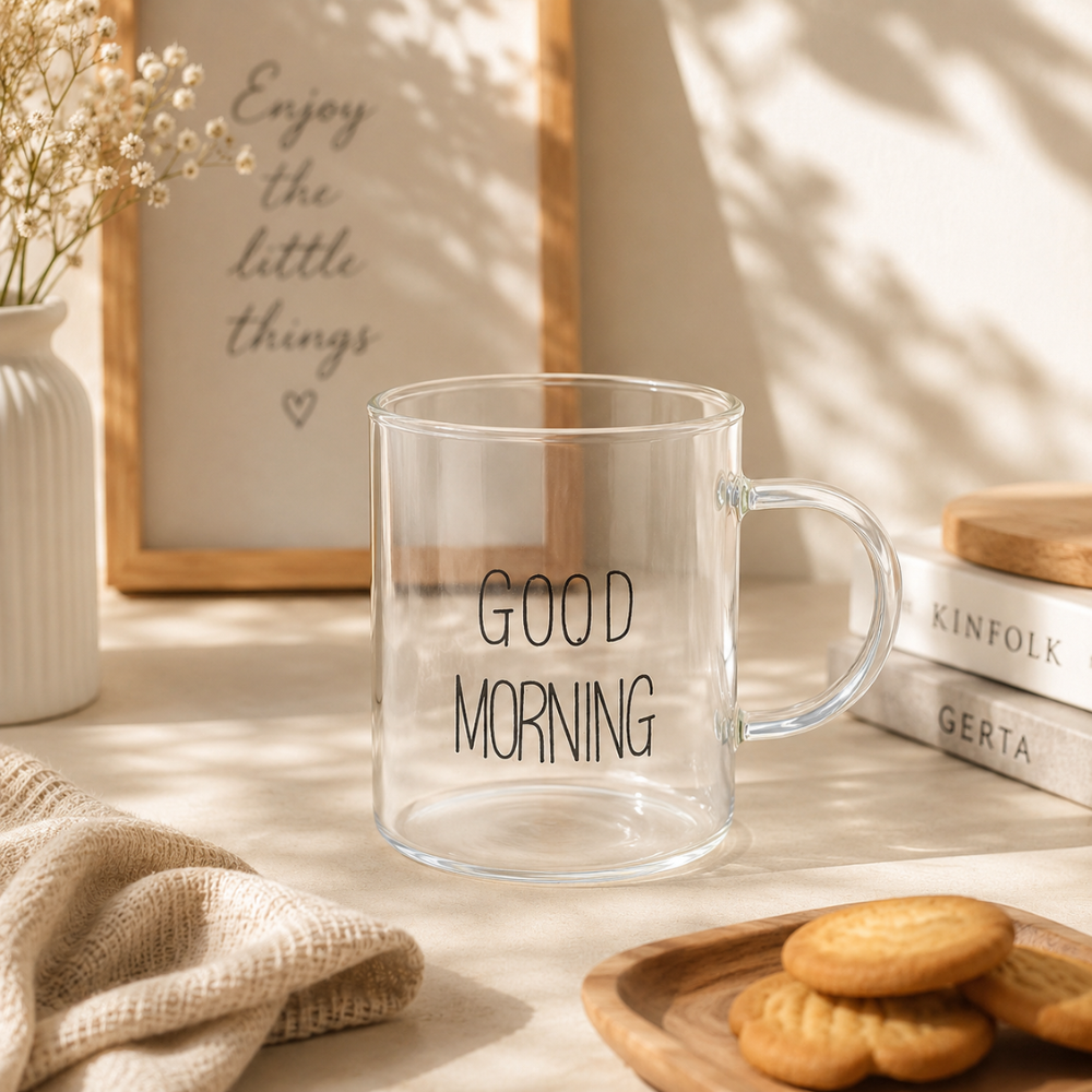 Untitled design (21) فنجان زجاج شفاف GOOD MORNING سعة 200 مل – فنجان قهوة وشاي أنيق للمشروبات الساخنة والباردة.