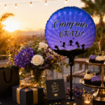 ⁦بالون تخرج دائري فويل Congrats Grad باللون الأزرق والبنفسجي – يملأ بالهواء أو الهيليوم – زينة حفلات التخرج والتخرج الجامعي⁩ - الصورة ⁦2⁩
