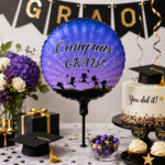 ⁦بالون تخرج دائري فويل Congrats Grad باللون الأزرق والبنفسجي – يملأ بالهواء أو الهيليوم – زينة حفلات التخرج والتخرج الجامعي⁩ - الصورة ⁦3⁩