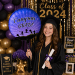 ⁦بالون تخرج دائري فويل Congrats Grad باللون الأزرق والبنفسجي – يملأ بالهواء أو الهيليوم – زينة حفلات التخرج والتخرج الجامعي⁩ - الصورة ⁦4⁩