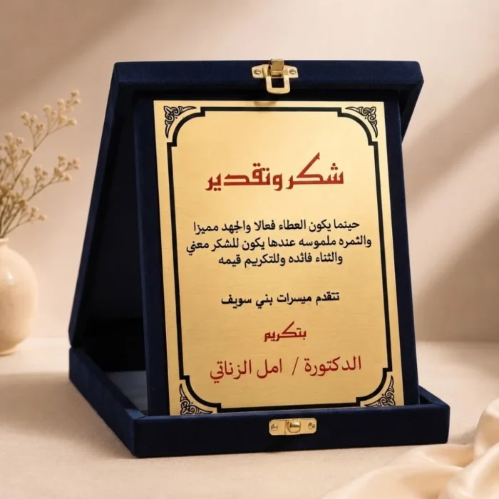 درع تكريم للطباعة 25×20 سم – علبة مخمل باللون الكحلي لحفلات التكريم والتخرج والمدارس والشركات