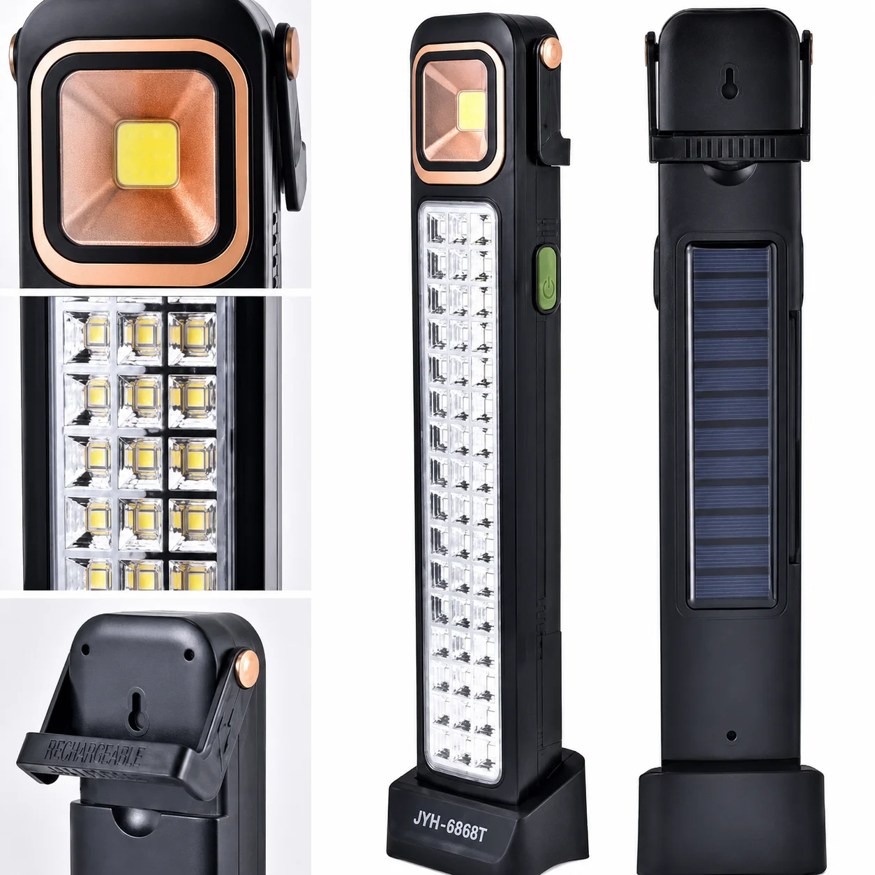 27489-6 كشاف طوارئ LED قابل للشحن بالطاقة الشمسية وUSB مع باور بانك وحامل – كشاف محمول للتخييم وانقطاع الكهرباء