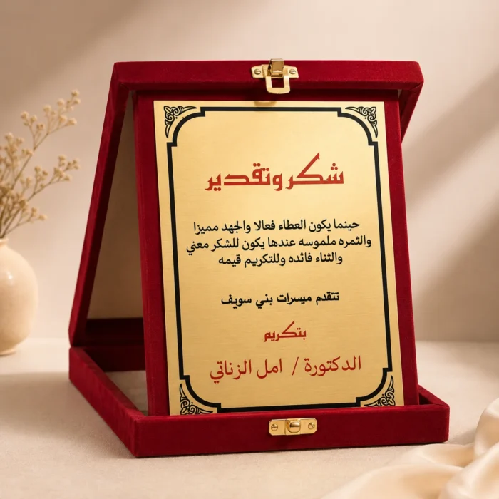 درع تكريم للطباعة 25×20 سم – علبة مخمل باللون النبيتي لحفلات التكريم والتخرج والمدارس والشركات