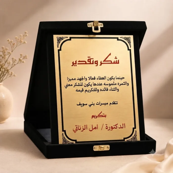 درع تكريم للطباعة 25×20 سم – علبة مخمل باللون الأسود لحفلات التكريم والتخرج والمدارس والشركات