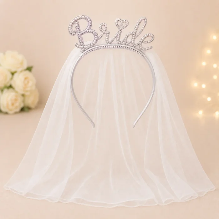 طوق Bride للعروسة بلاستيك بالتل – تاج حفلات العروس للتصوير – مقاس 19*12 سم