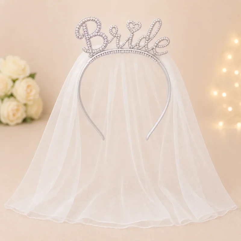طوق Bride للعروسة بلاستيك بالتل – تاج حفلات العروس للتصوير – مقاس 19*12 سم