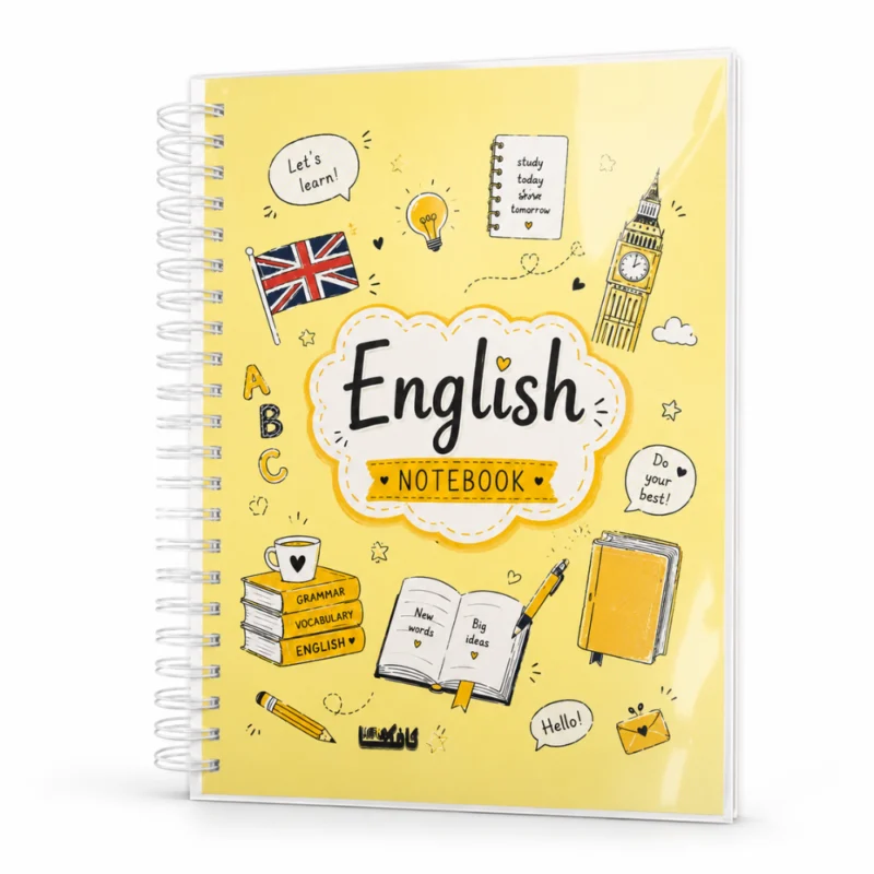 نوت بوك اللغة الإنجليزية English A4 سلك 100 ورقة مسطرة بغلاف جلوسي شفاف