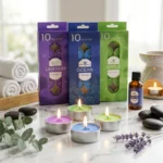 شموع تي لايت معطرة 10 قطع – روائح لافندر وأوشن وتفاح – احتراق هادئ - الصورة 3