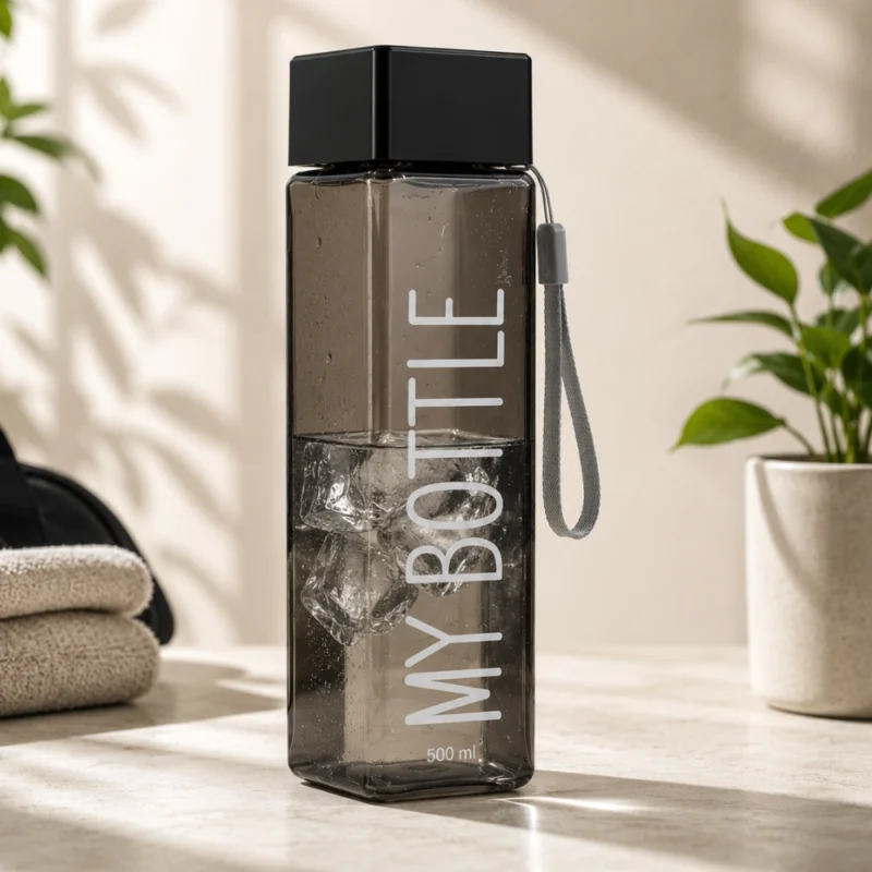 زجاجة مياه مربعة MY BOTTLE سعة 500 مل بغطاء محكم وحبل حمل – لون أسود