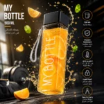 زجاجة مياه مربعة MY BOTTLE سعة 500 مل بغطاء محكم وحبل حمل – لون أسود - الصورة 2