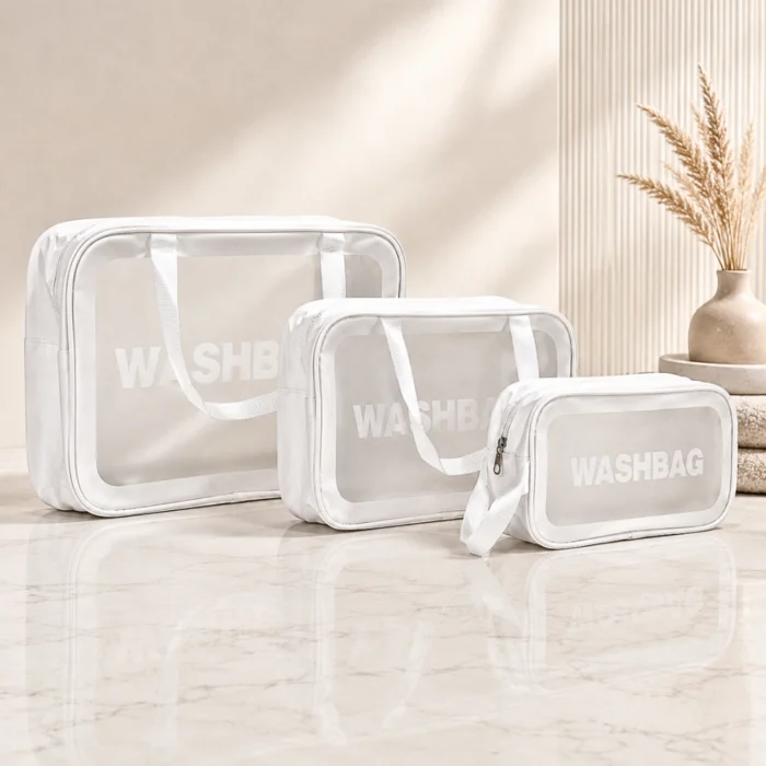 طقم شنط تنظيم للمكياج والسفر 3 قطع شفافة بمقاسات مختلفة – أبيض WASHBAG