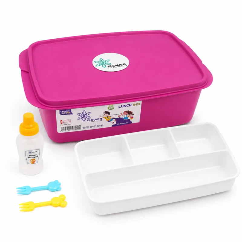 لانش بوكس سيليكون Flower Plast بينك سعة 2 لتر X-Large مقسم 4 أقسام مع عبوة صوص
