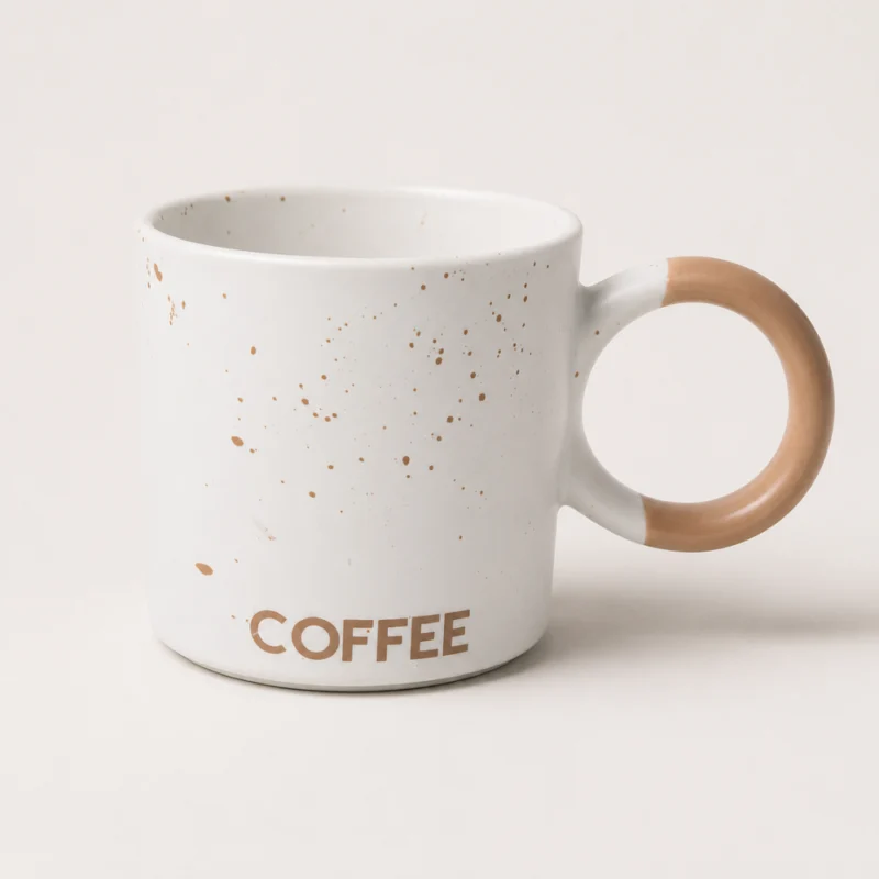 مج سيراميك قهوة 310 مل أبيض منقّط بمقبض دائري بني – تصميم أنيق للمشروبات الساخنة والباردة